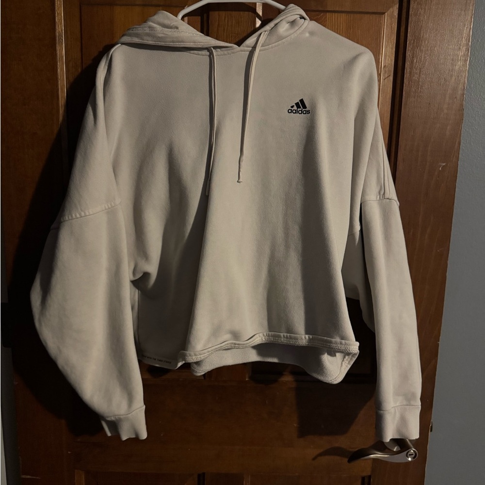 adidas Off-White Pullover Hoodie with Light Blue Logo